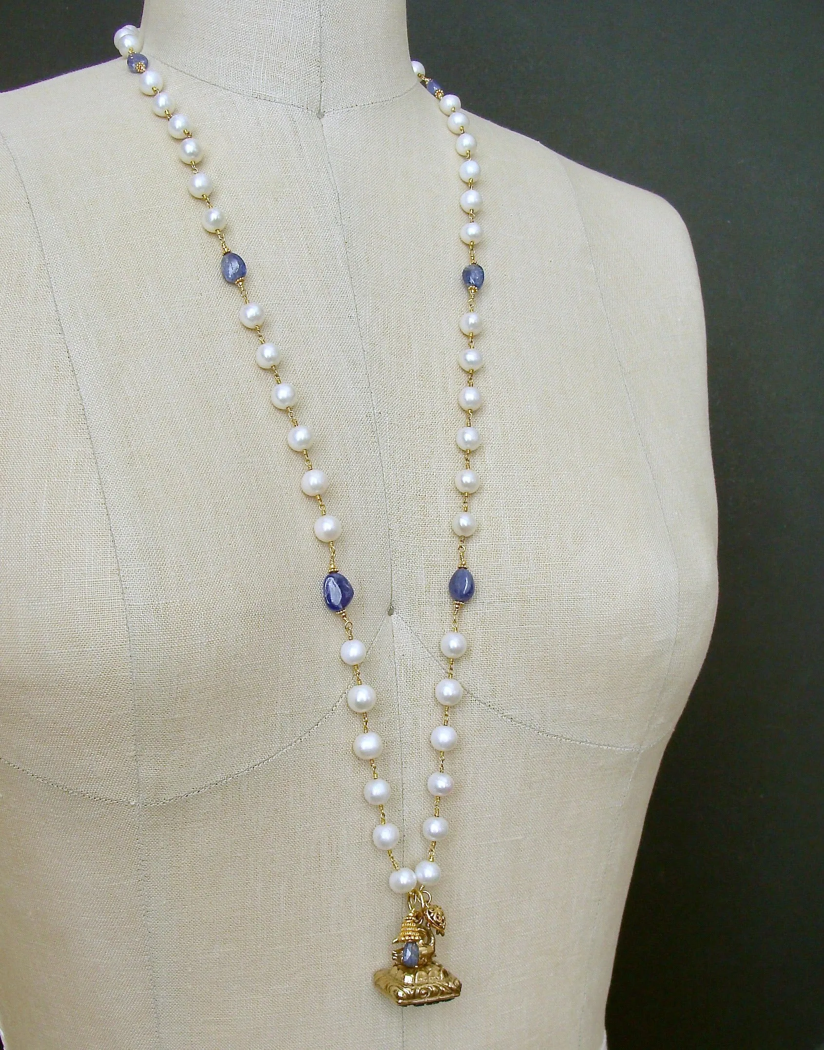 Tanzanite Nuggets and Freshwater Pearls Hand Carved Tanzanite Swan Fob Necklace - Étaín II Necklace