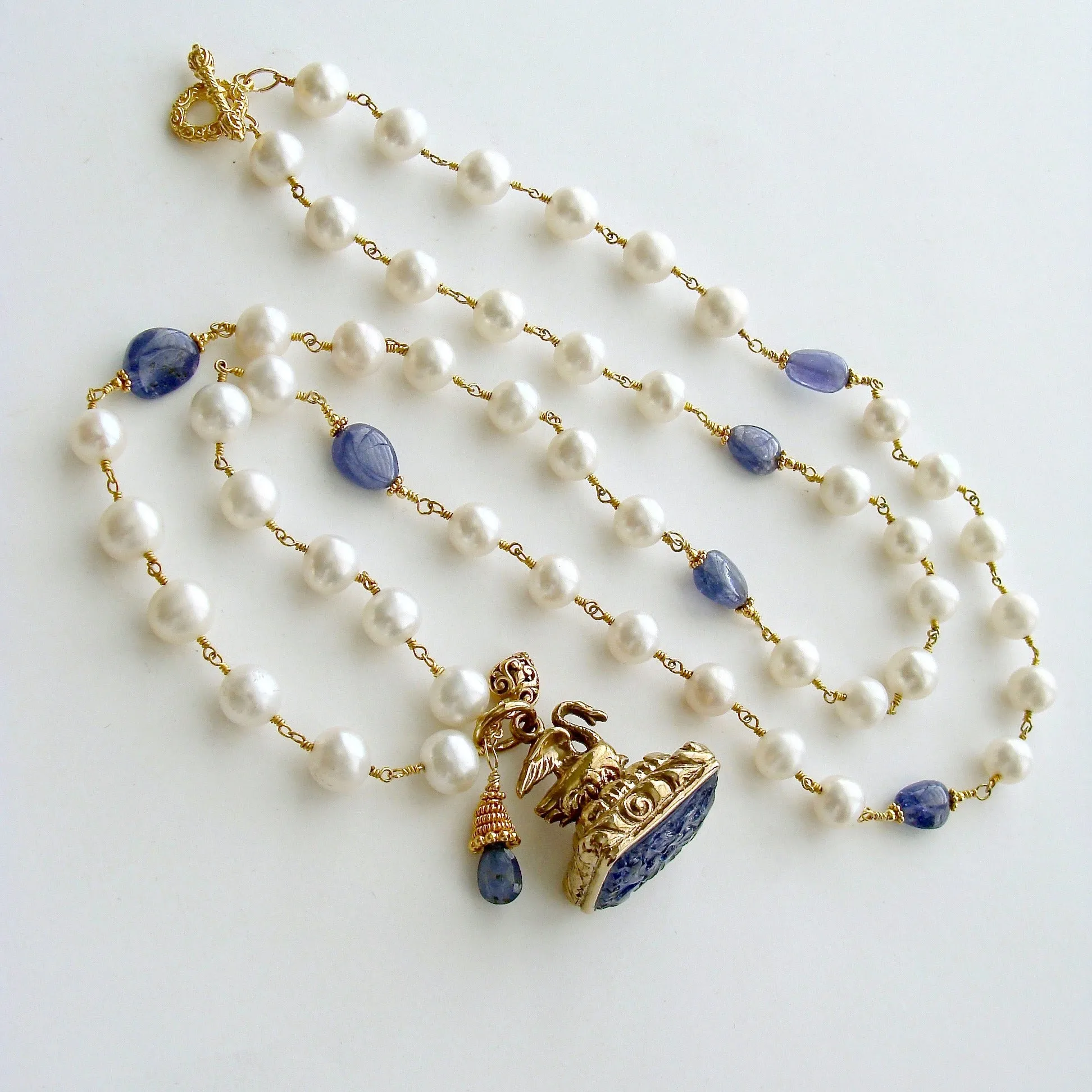 Tanzanite Nuggets and Freshwater Pearls Hand Carved Tanzanite Swan Fob Necklace - Étaín II Necklace