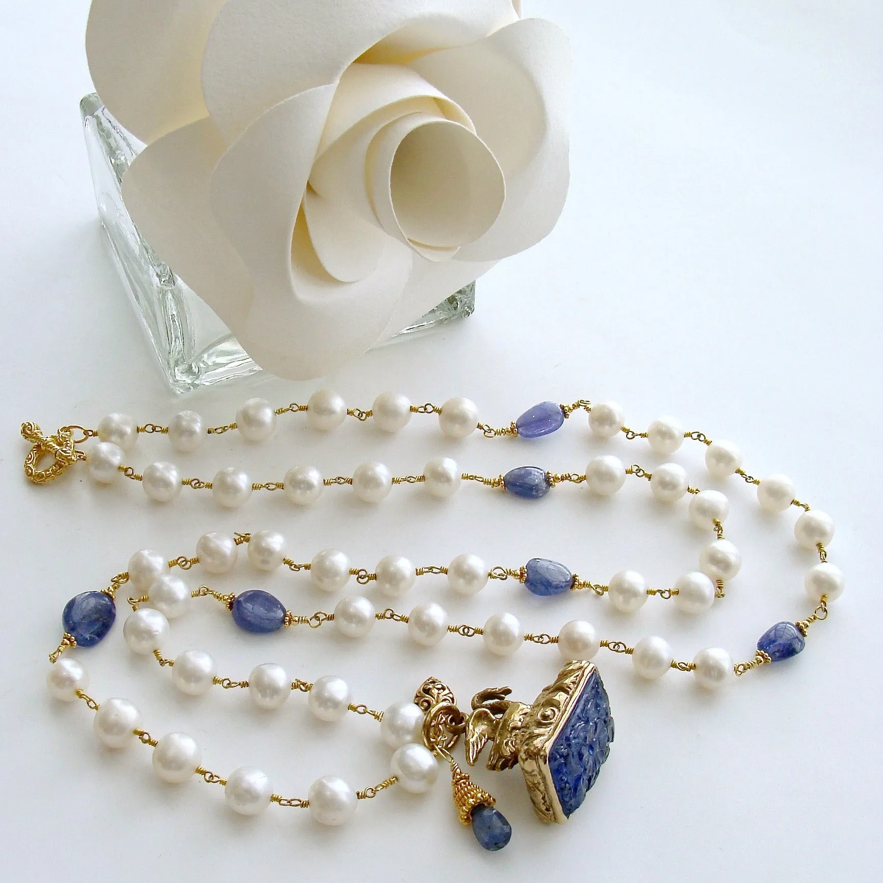 Tanzanite Nuggets and Freshwater Pearls Hand Carved Tanzanite Swan Fob Necklace - Étaín II Necklace
