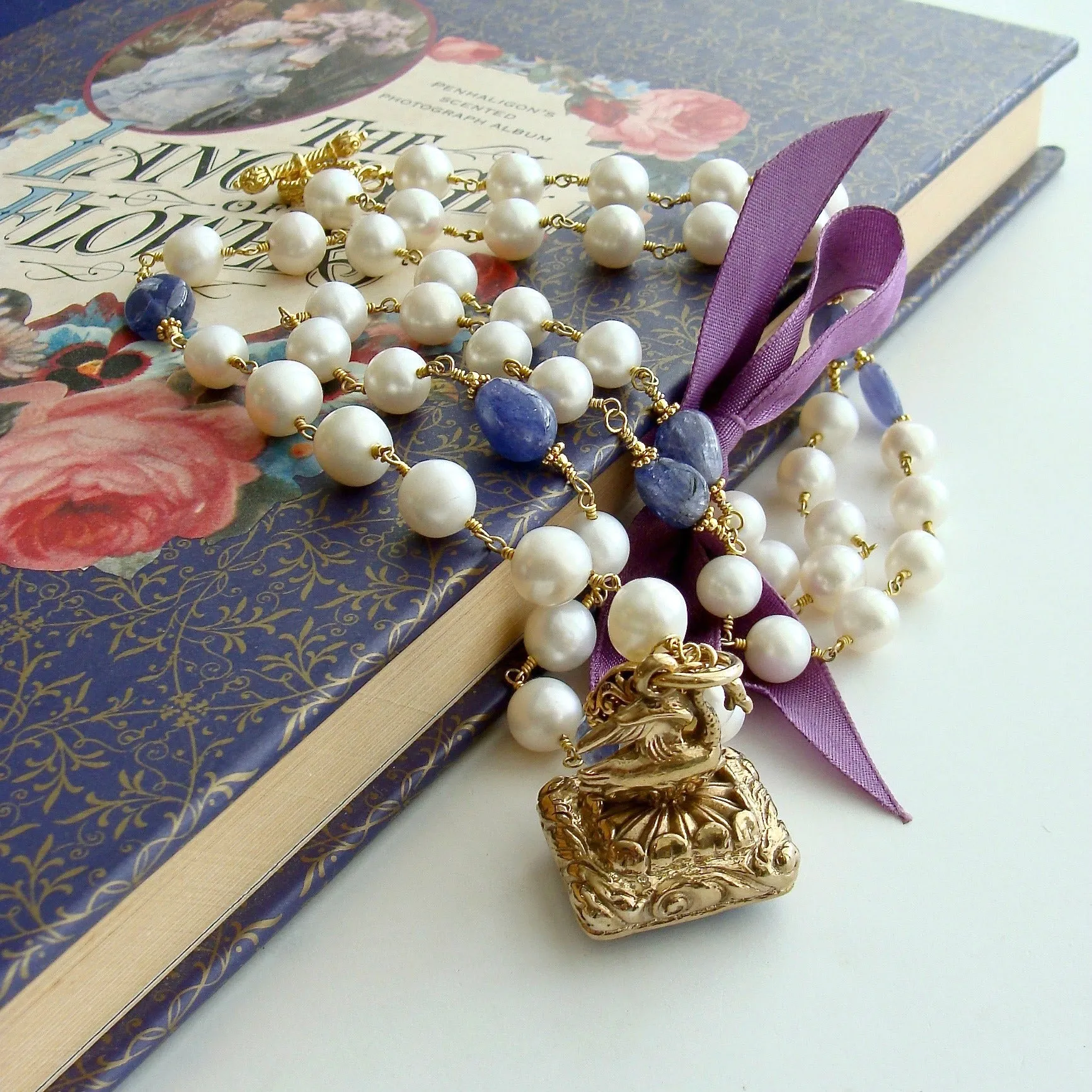 Tanzanite Nuggets and Freshwater Pearls Hand Carved Tanzanite Swan Fob Necklace - Étaín II Necklace