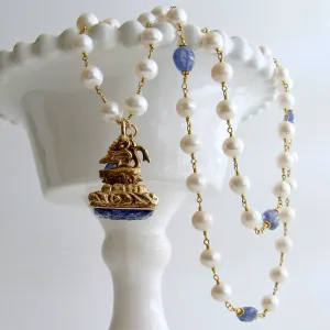 Tanzanite Nuggets and Freshwater Pearls Hand Carved Tanzanite Swan Fob Necklace - Étaín II Necklace