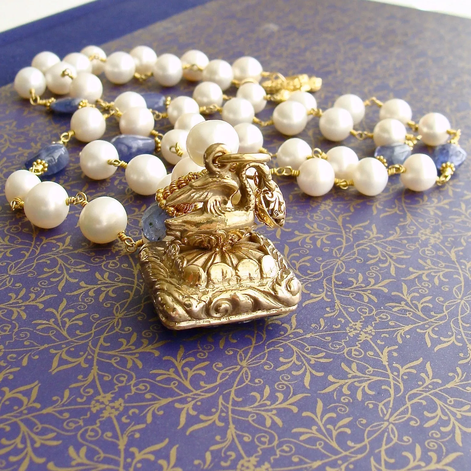 Tanzanite Nuggets and Freshwater Pearls Hand Carved Tanzanite Swan Fob Necklace - Étaín II Necklace