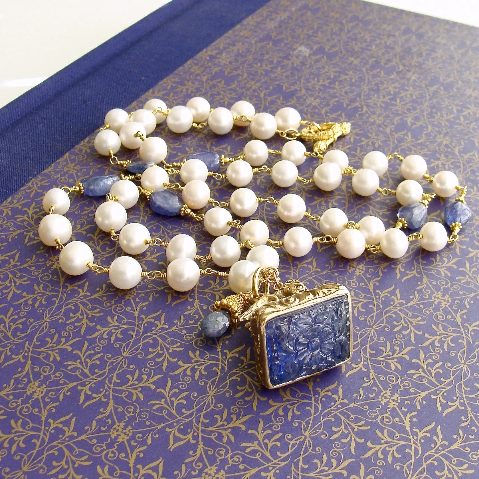 Tanzanite Nuggets and Freshwater Pearls Hand Carved Tanzanite Swan Fob Necklace - Étaín II Necklace