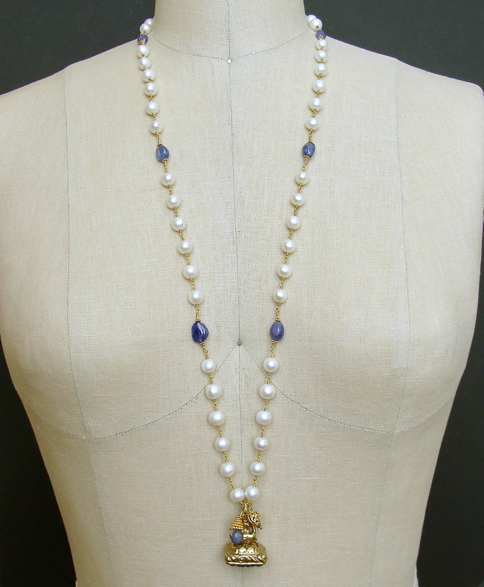 Tanzanite Nuggets and Freshwater Pearls Hand Carved Tanzanite Swan Fob Necklace - Étaín II Necklace