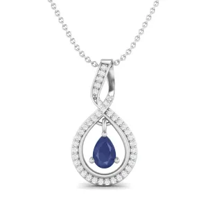 Tear Drop Pear Shaped Blue Sapphire Pendant 925 Sterling Silver White Topaz Chain Necklace