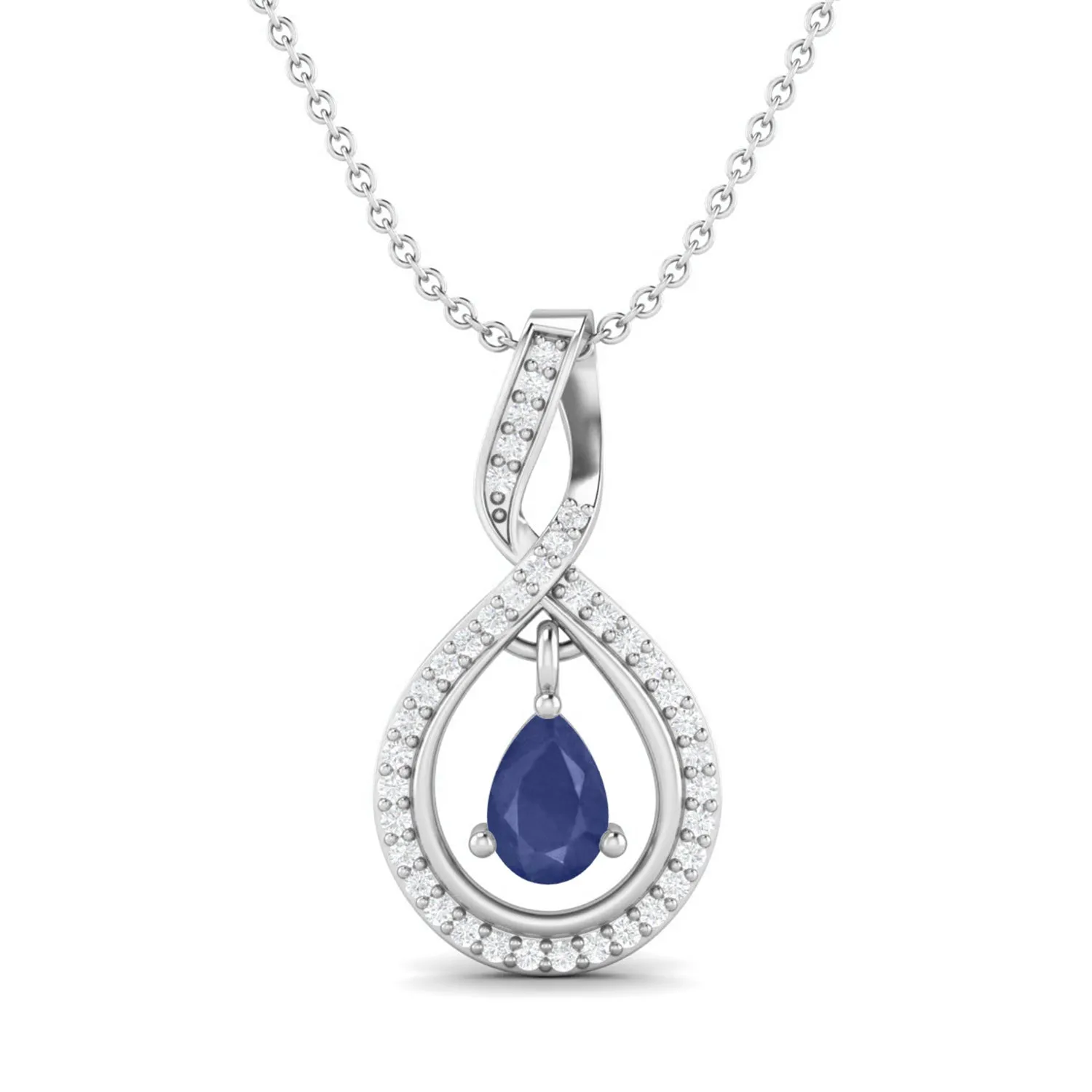 Tear Drop Pear Shaped Blue Sapphire Pendant 925 Sterling Silver White Topaz Chain Necklace