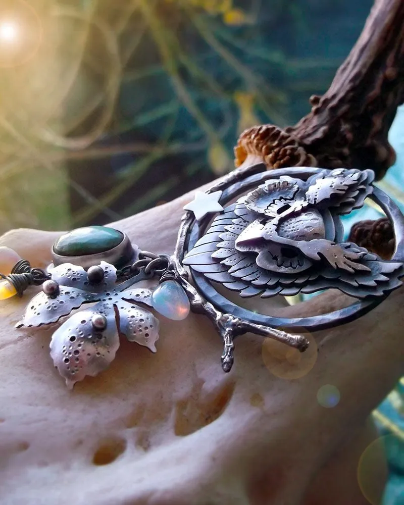The Owl Necklace - Silver Opal & Turquoise Necklace