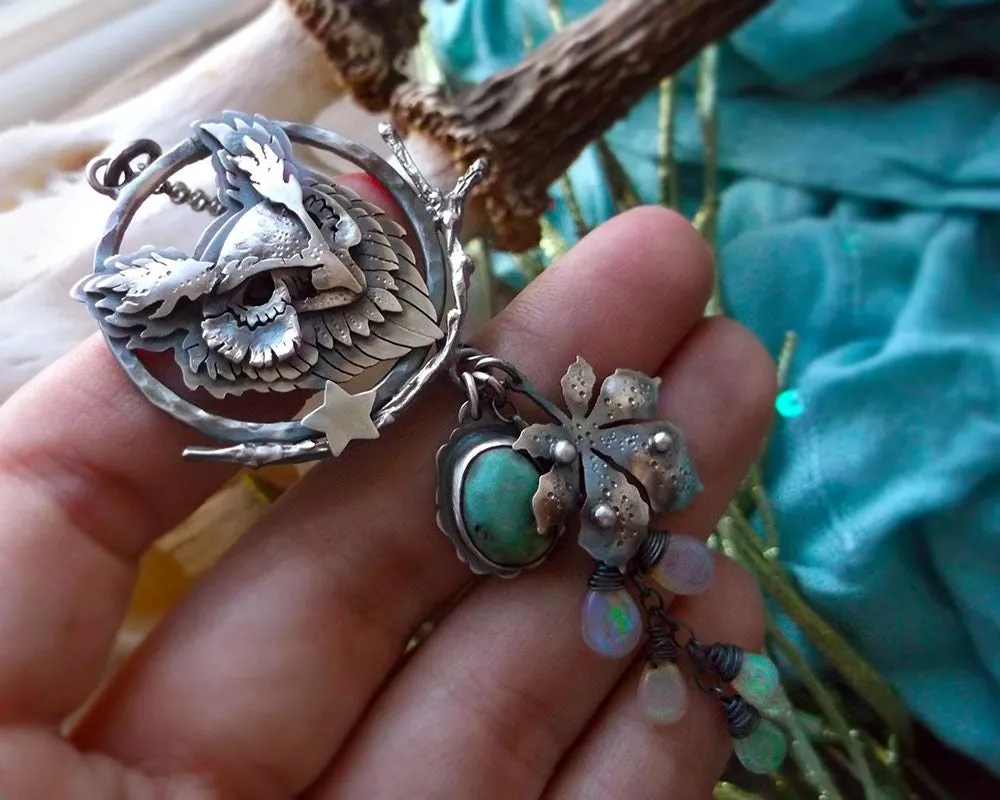 The Owl Necklace - Silver Opal & Turquoise Necklace