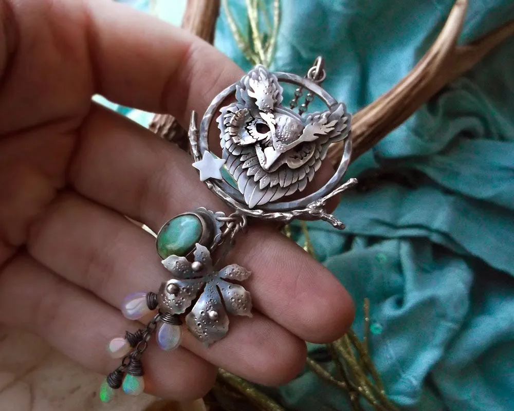 The Owl Necklace - Silver Opal & Turquoise Necklace