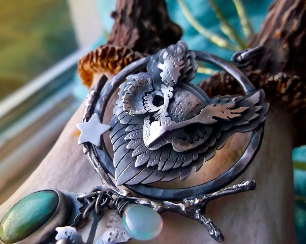The Owl Necklace - Silver Opal & Turquoise Necklace