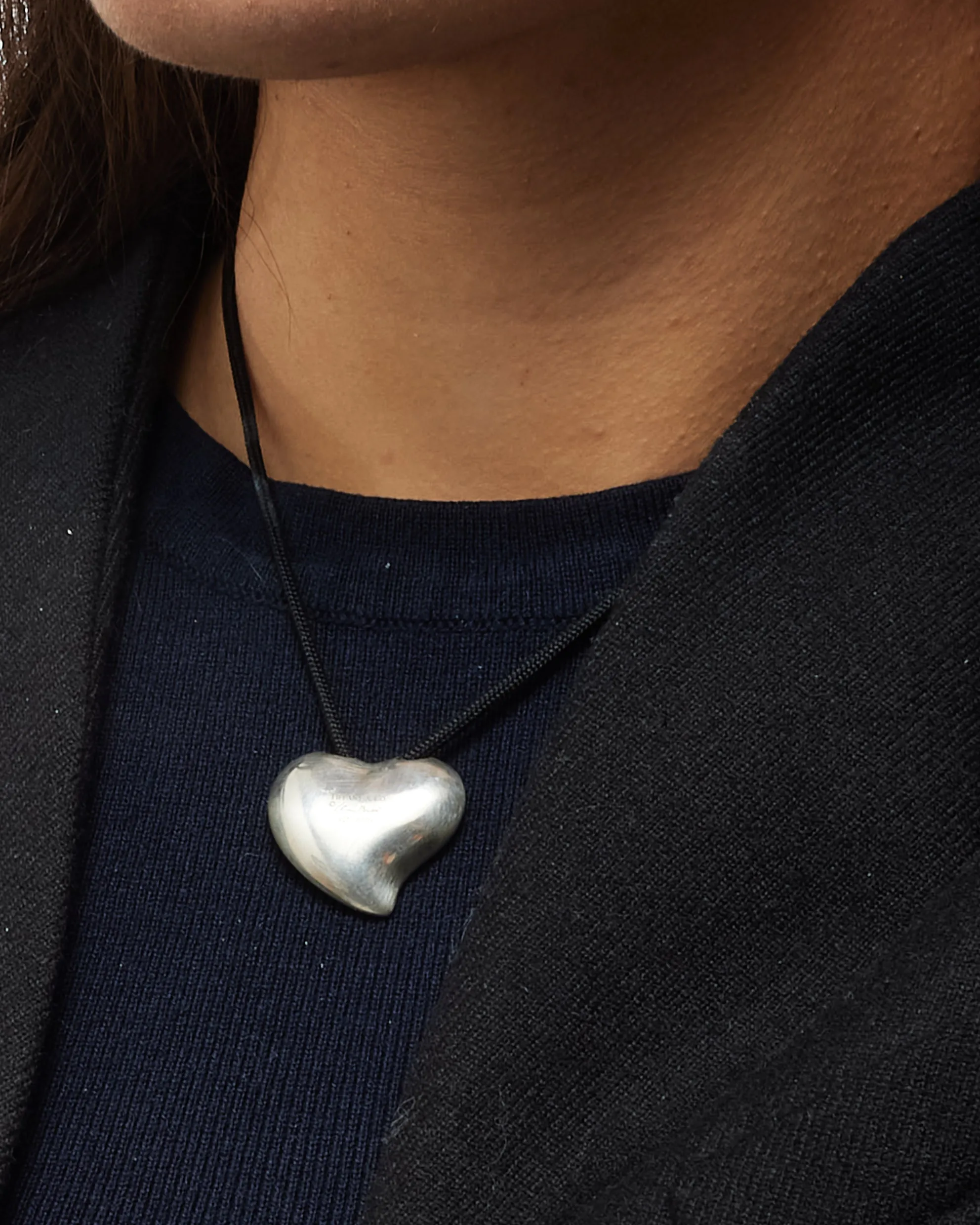Tiffany & Co. Elsa Peretti Silver Full Heart Black Cord Pendant Necklace
