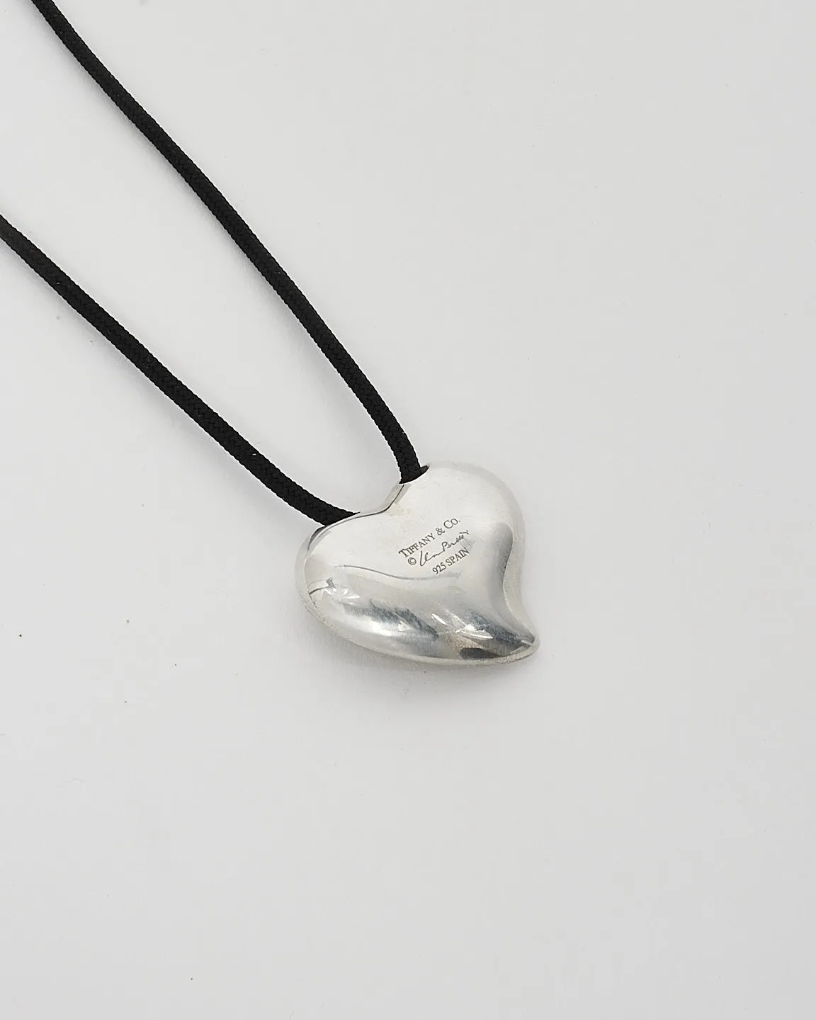 Tiffany & Co. Elsa Peretti Silver Full Heart Black Cord Pendant Necklace