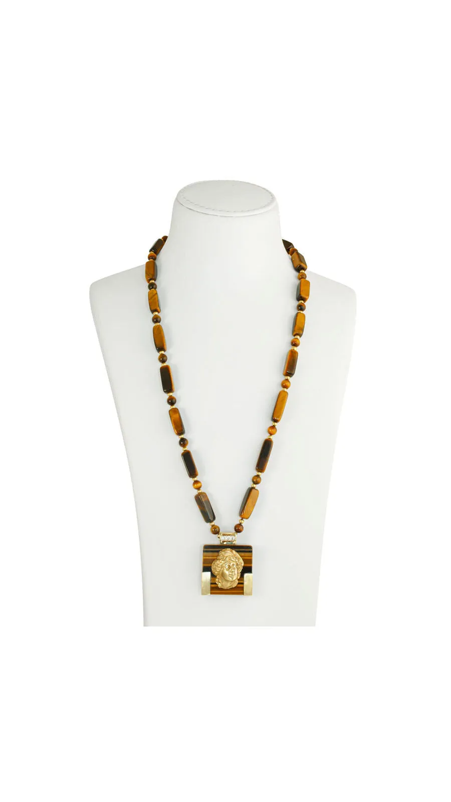 Tiger Eye And Gold Articulated Portrait Necklace