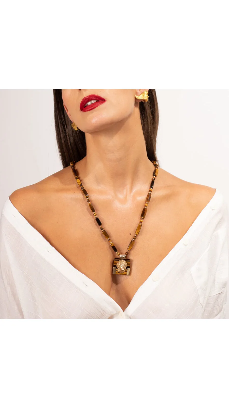 Tiger Eye And Gold Articulated Portrait Necklace