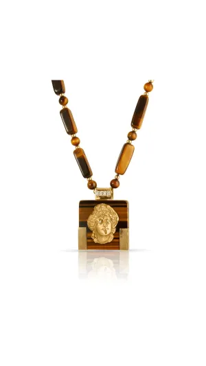 Tiger Eye And Gold Articulated Portrait Necklace