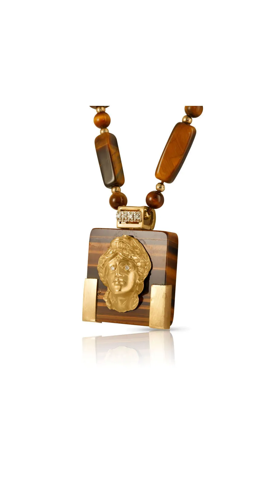 Tiger Eye And Gold Articulated Portrait Necklace