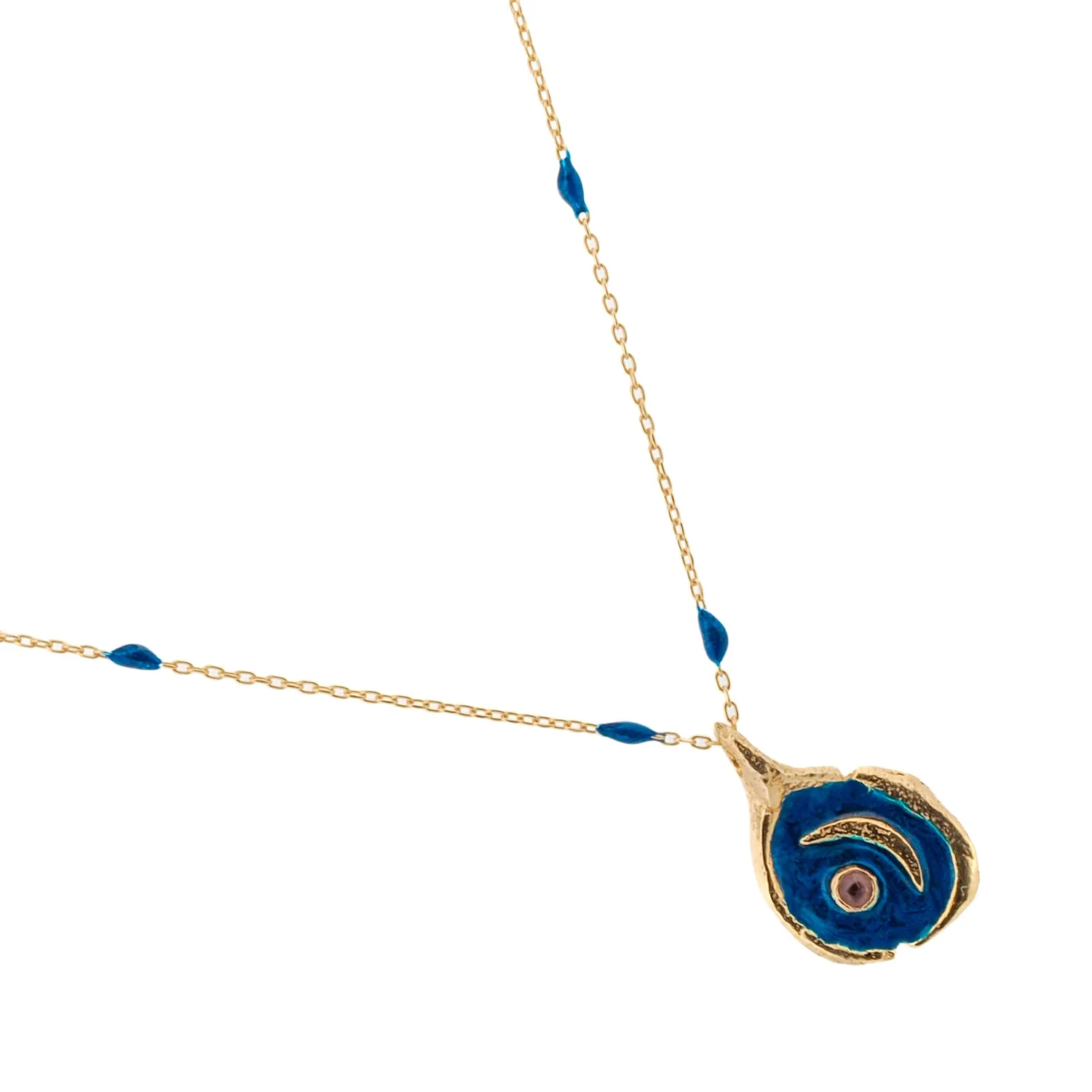 Tourmaline Stone Blue Moon Gold & Enamel Chain Necklace