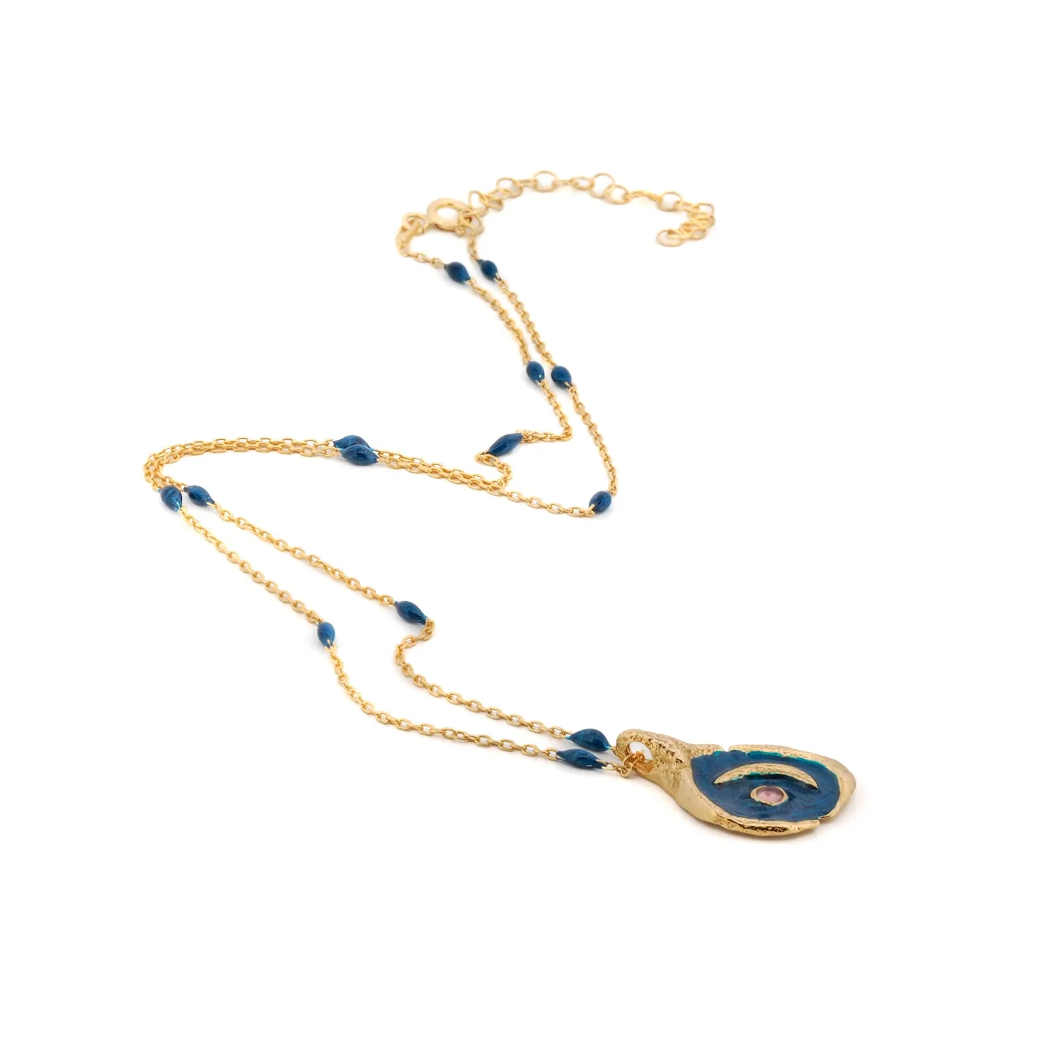 Tourmaline Stone Blue Moon Gold & Enamel Chain Necklace