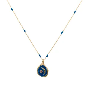 Tourmaline Stone Blue Moon Gold & Enamel Chain Necklace