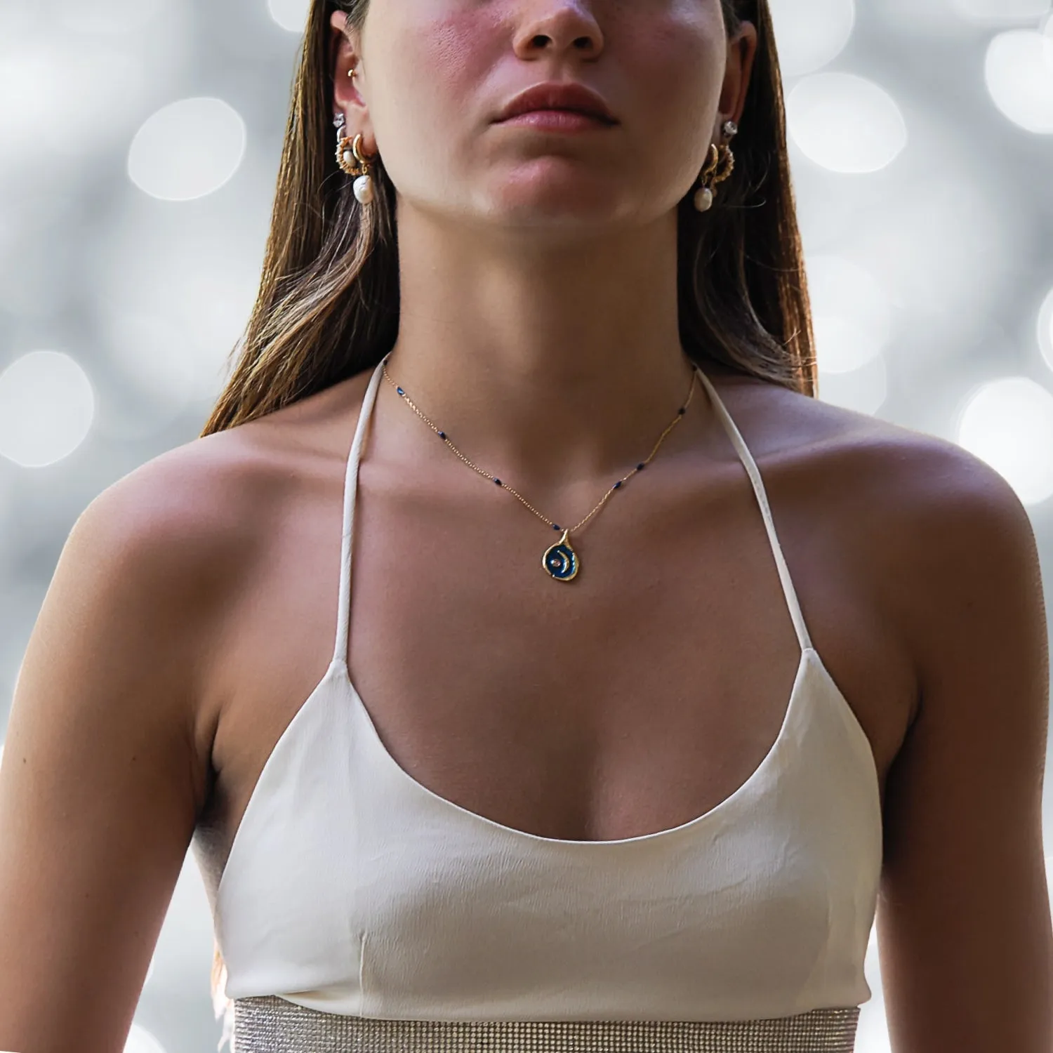 Tourmaline Stone Blue Moon Gold & Enamel Chain Necklace