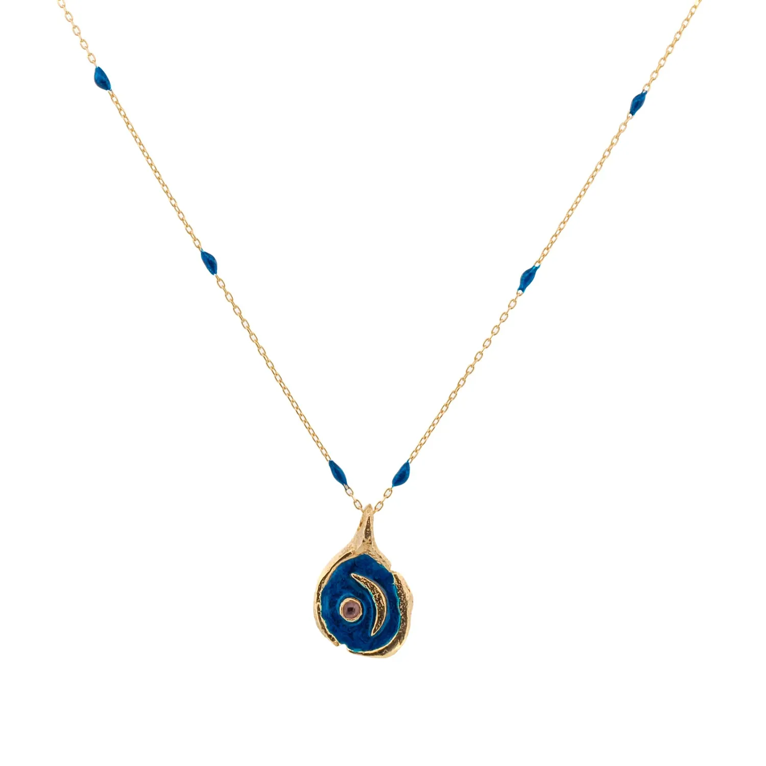 Tourmaline Stone Blue Moon Gold & Enamel Chain Necklace