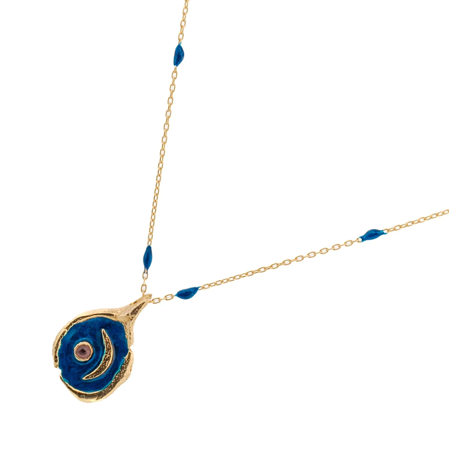 Tourmaline Stone Blue Moon Gold & Enamel Chain Necklace
