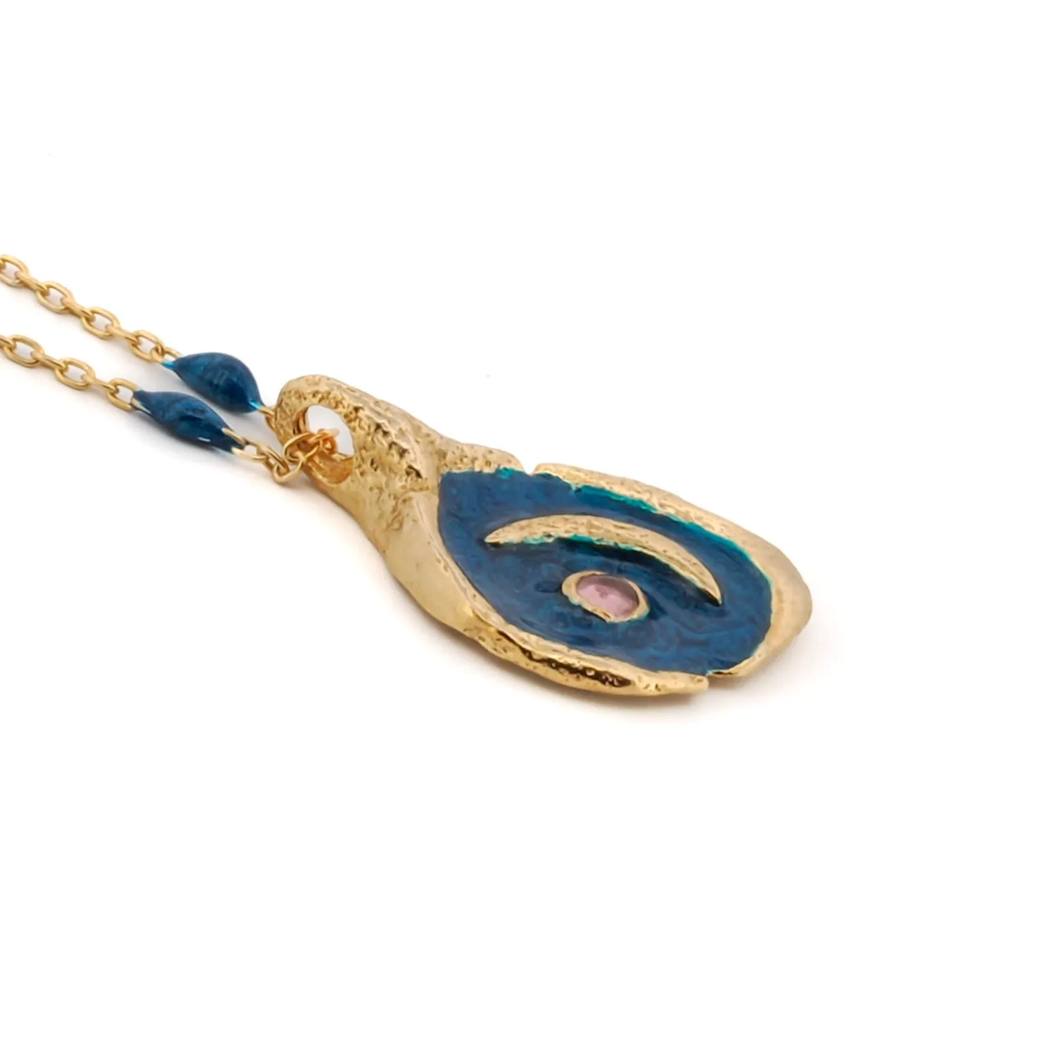Tourmaline Stone Blue Moon Gold & Enamel Chain Necklace