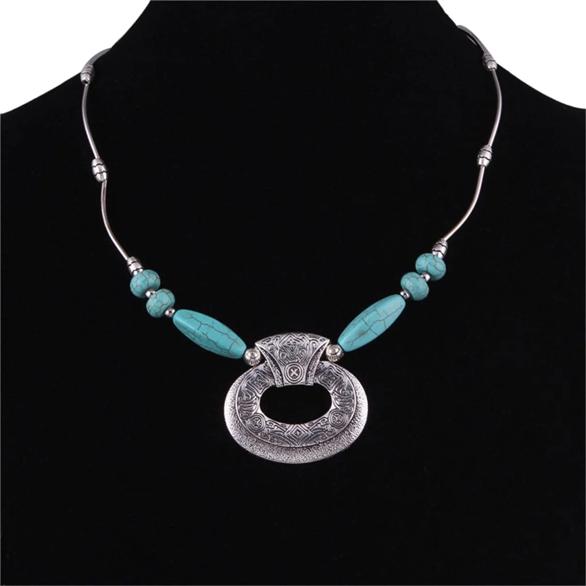 Turquoise & Silver-Plated Geometric Pendant Necklace