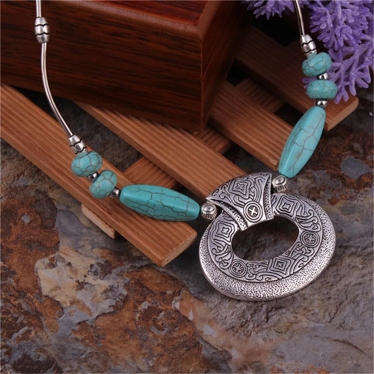 Turquoise & Silver-Plated Geometric Pendant Necklace