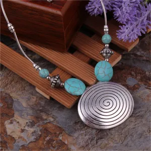 Turquoise & Silver-Plated Oval Pendant Necklace