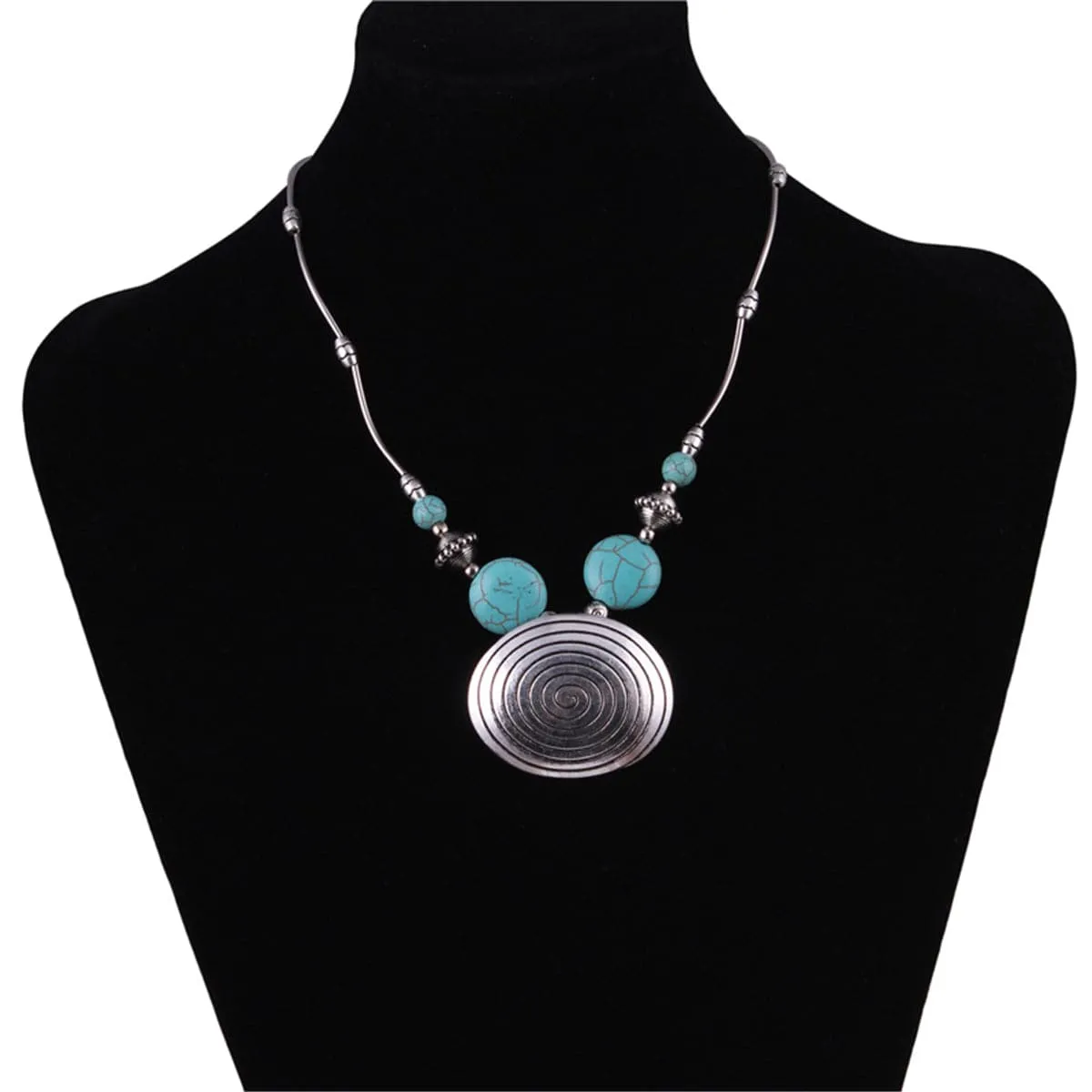 Turquoise & Silver-Plated Oval Pendant Necklace