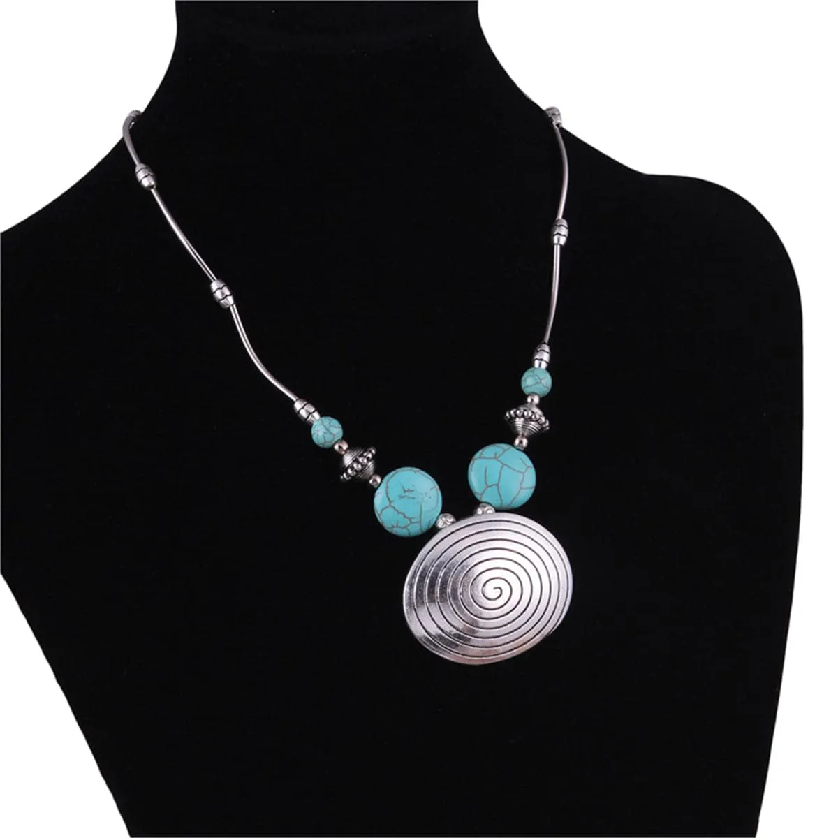 Turquoise & Silver-Plated Oval Pendant Necklace