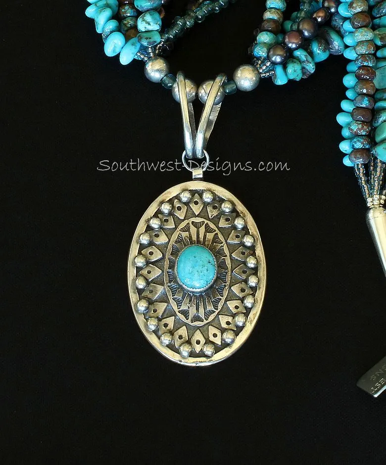 Turquoise and Sterling Silver Oval Pendant with 6 Strands of Turquoise, Bronze Pearls, Blue Lace Agate, Indonesian & Faceted Glass, and Sterling Silver Beads, Cones & Toggle Clasp