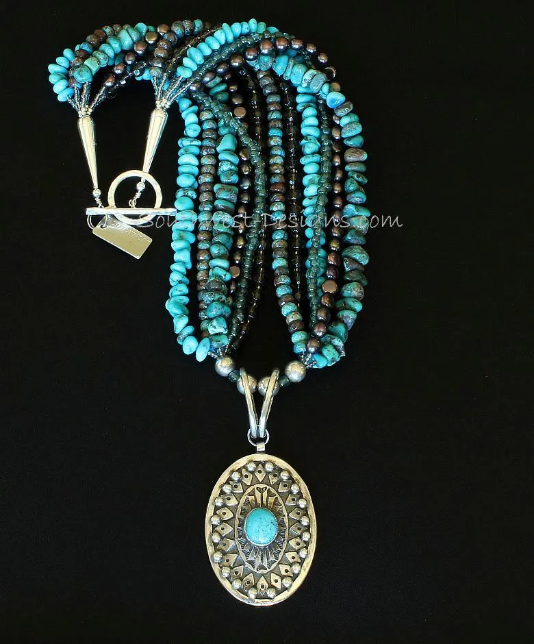 Turquoise and Sterling Silver Oval Pendant with 6 Strands of Turquoise, Bronze Pearls, Blue Lace Agate, Indonesian & Faceted Glass, and Sterling Silver Beads, Cones & Toggle Clasp