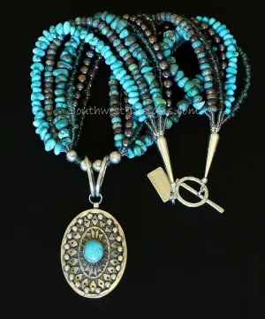 Turquoise and Sterling Silver Oval Pendant with 6 Strands of Turquoise, Bronze Pearls, Blue Lace Agate, Indonesian & Faceted Glass, and Sterling Silver Beads, Cones & Toggle Clasp