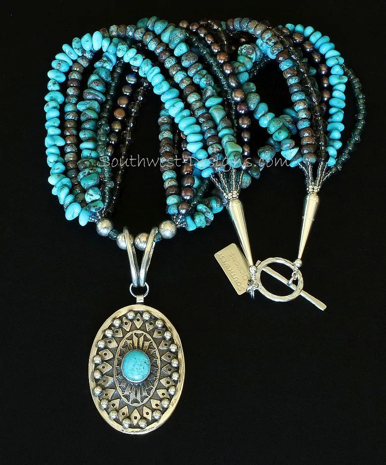 Turquoise and Sterling Silver Oval Pendant with 6 Strands of Turquoise, Bronze Pearls, Blue Lace Agate, Indonesian & Faceted Glass, and Sterling Silver Beads, Cones & Toggle Clasp
