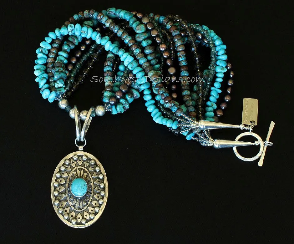 Turquoise and Sterling Silver Oval Pendant with 6 Strands of Turquoise, Bronze Pearls, Blue Lace Agate, Indonesian & Faceted Glass, and Sterling Silver Beads, Cones & Toggle Clasp