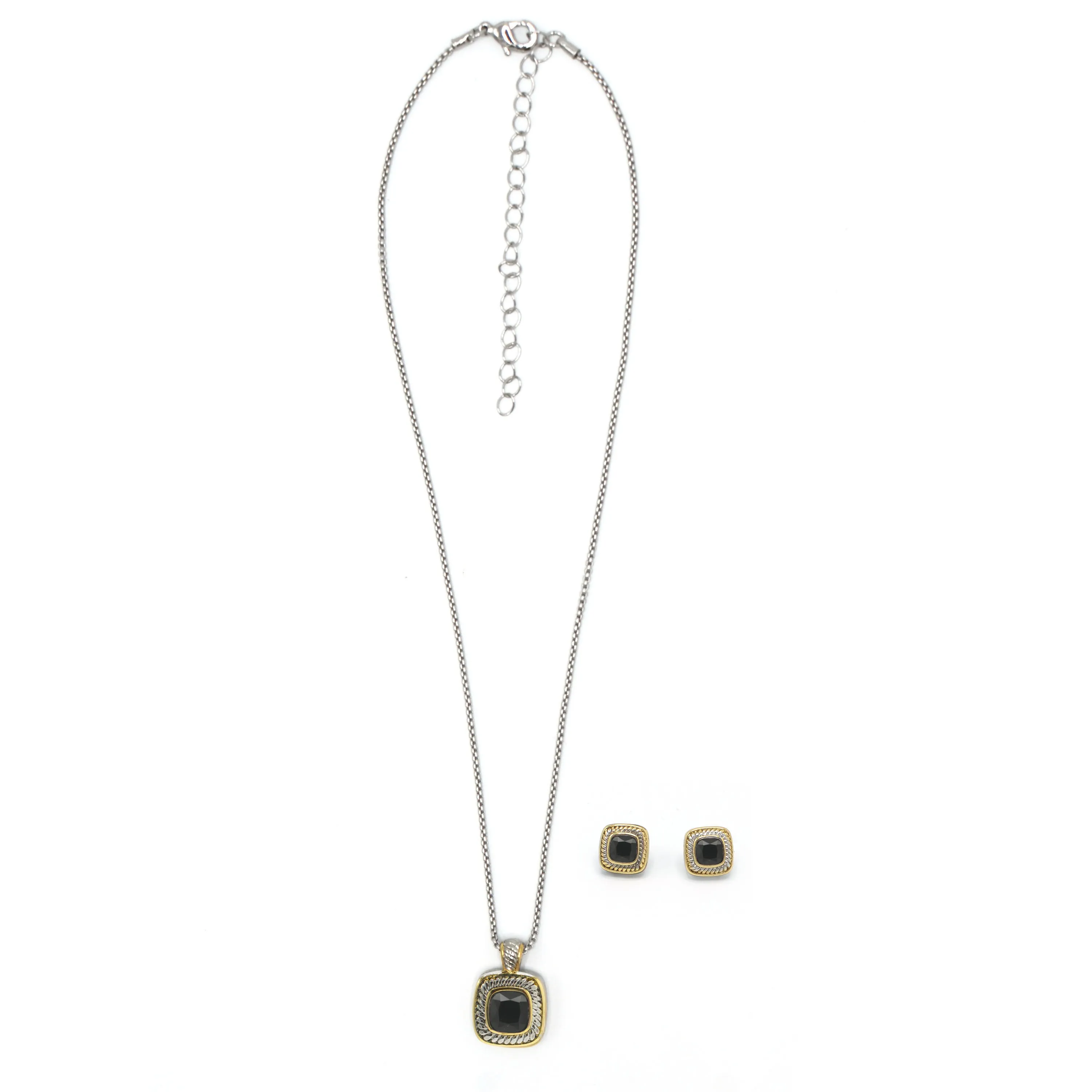 Two-Tone Black Crystal Square Cable Pendant Necklace And Earrings Set for Women #JJSET-1959BLK (AG23)