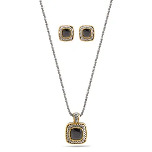 Two-Tone Black Crystal Square Cable Pendant Necklace And Earrings Set for Women #JJSET-1959BLK (AG23)
