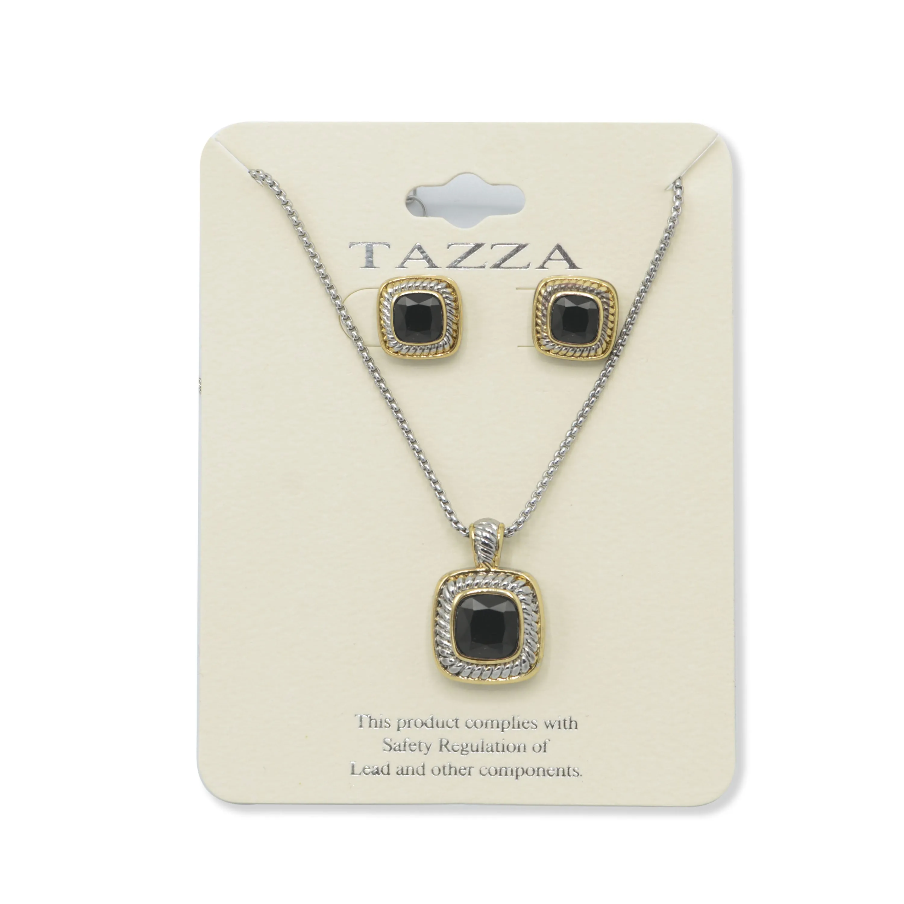 Two-Tone Black Crystal Square Cable Pendant Necklace And Earrings Set for Women #JJSET-1959BLK (AG23)