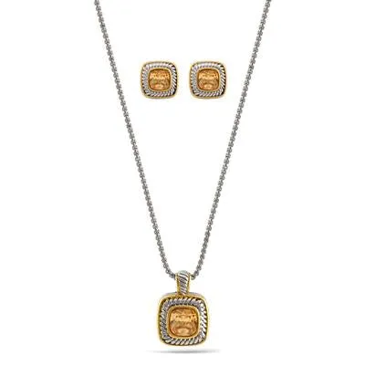 TWO TONE CHAMPAGNE CRYSTAL SQUARE PENDANT NECKLACE AND EARRINGS SET #JJSET-1959CHM (AG22)