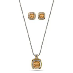 TWO TONE CHAMPAGNE CRYSTAL SQUARE PENDANT NECKLACE AND EARRINGS SET #JJSET-1959CHM (AG22)