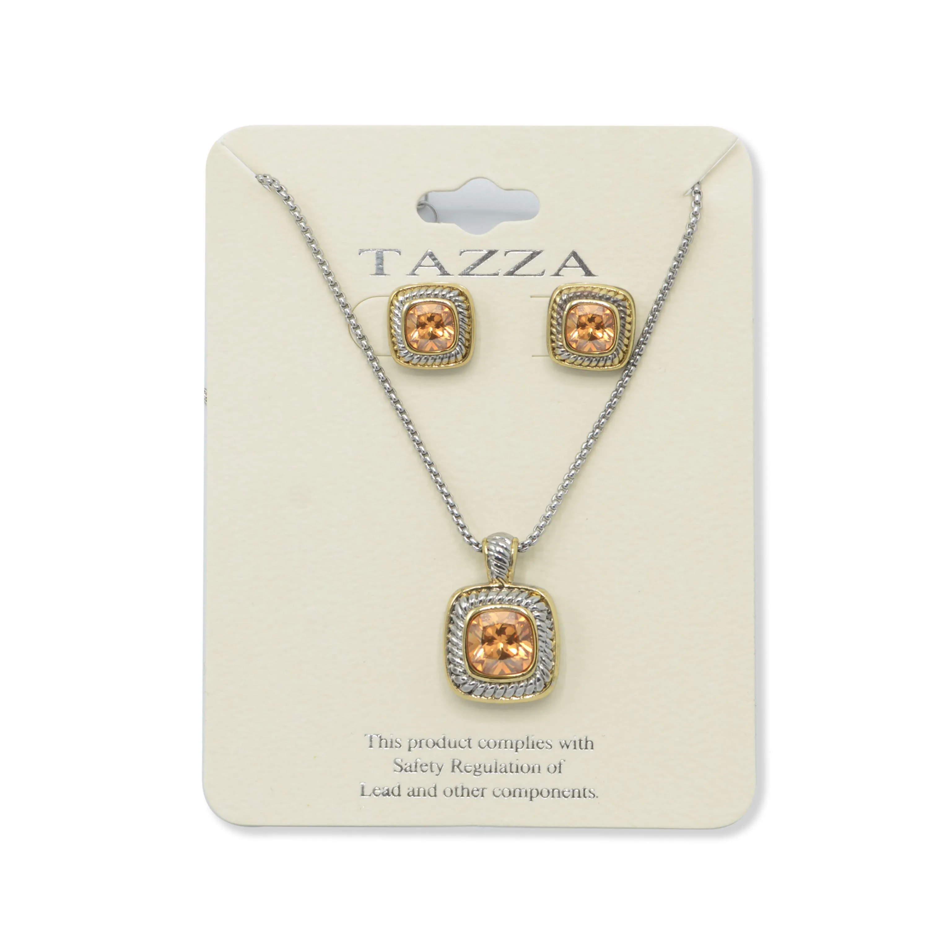 TWO TONE CHAMPAGNE CRYSTAL SQUARE PENDANT NECKLACE AND EARRINGS SET #JJSET-1959CHM (AG22)