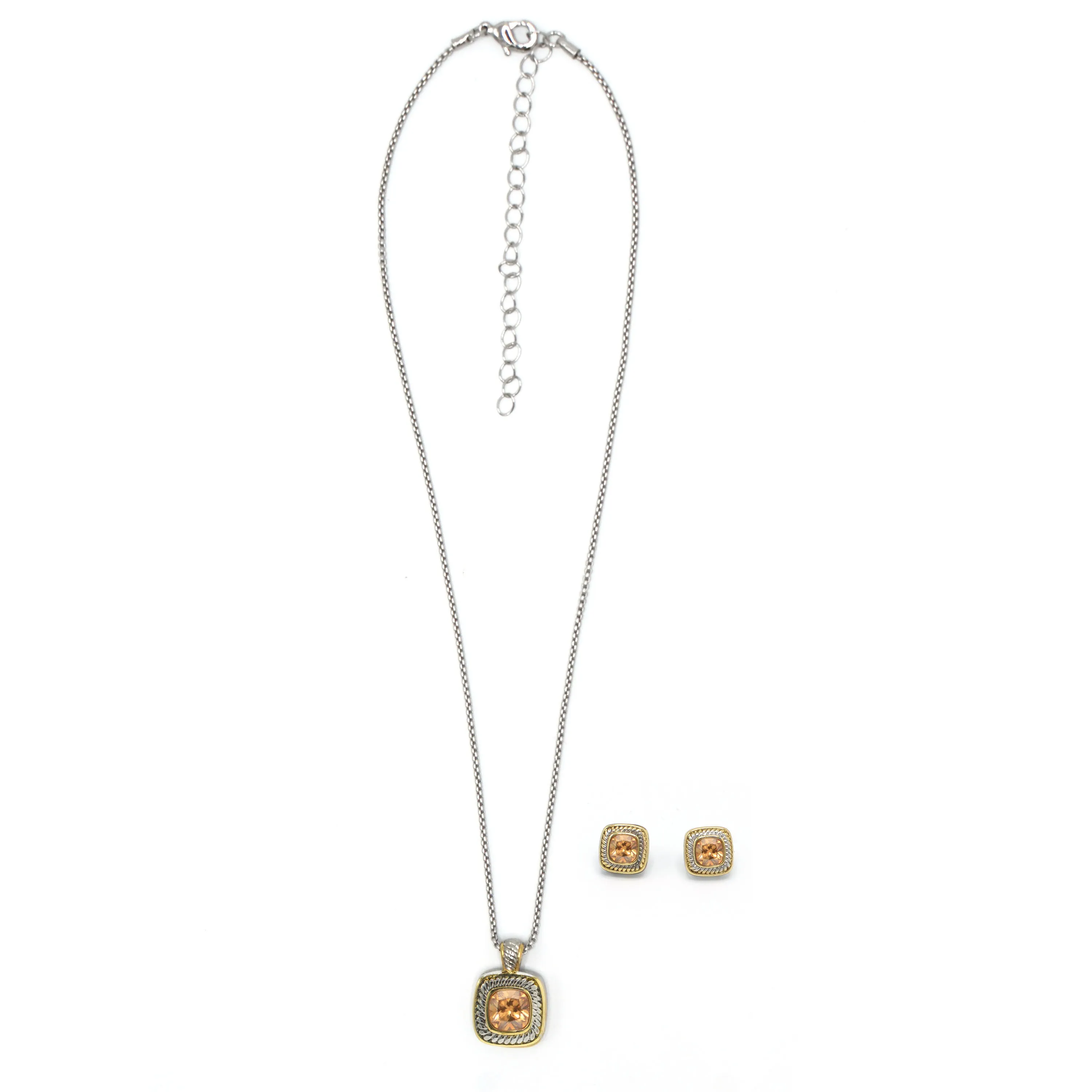 TWO TONE CHAMPAGNE CRYSTAL SQUARE PENDANT NECKLACE AND EARRINGS SET #JJSET-1959CHM (AG22)