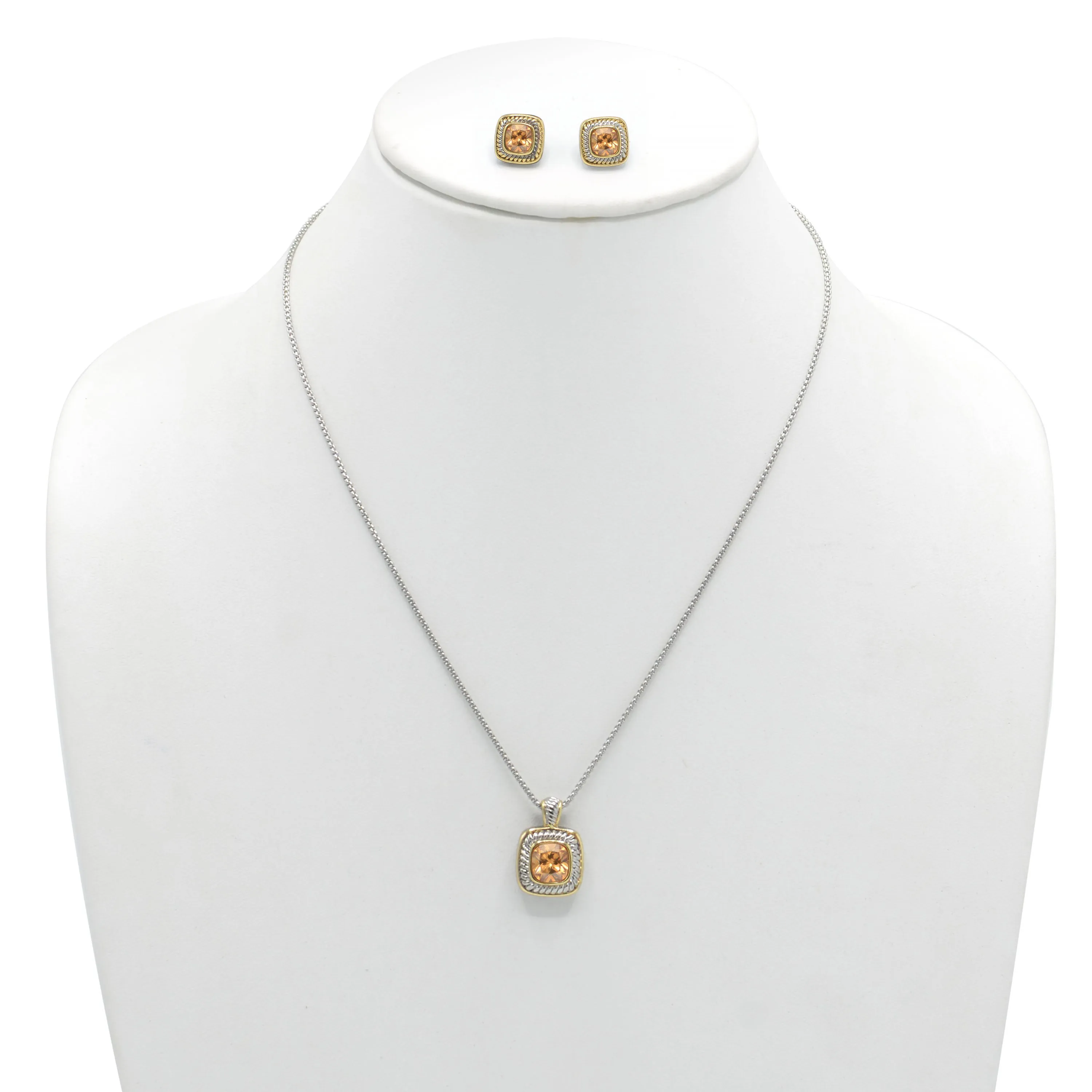 TWO TONE CHAMPAGNE CRYSTAL SQUARE PENDANT NECKLACE AND EARRINGS SET #JJSET-1959CHM (AG22)