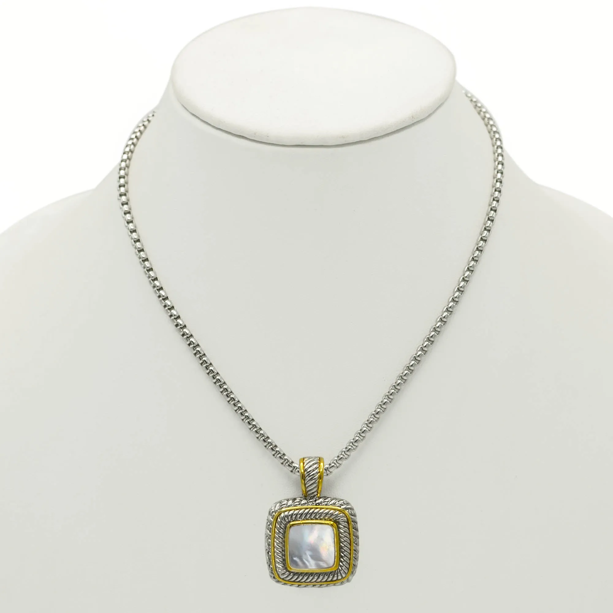 Two Tone Pave Square Crystal Engraved Pendant With Box Chain Necklace #83015EH-MOP (FF18)