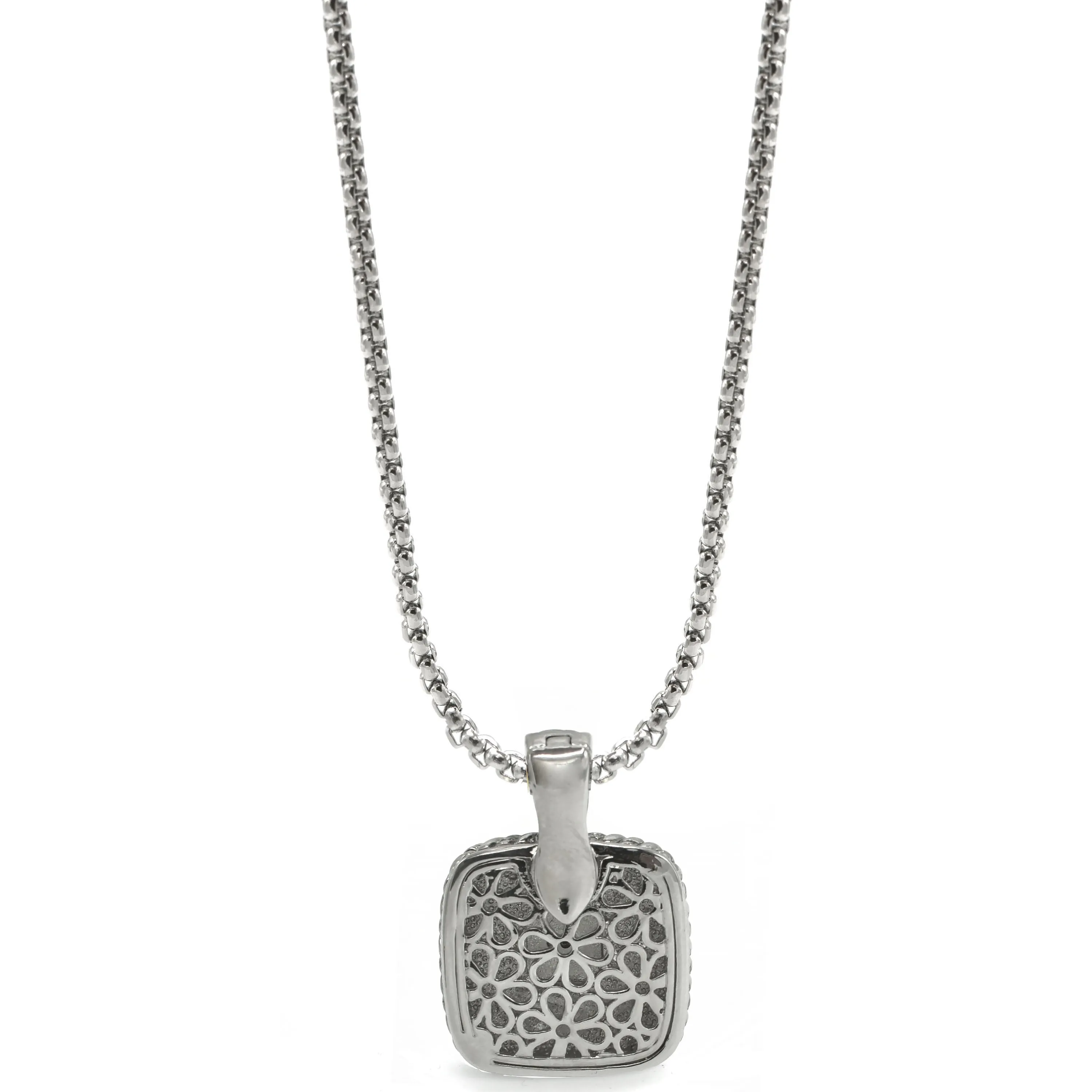 Two Tone Pave Square Crystal Engraved Pendant With Box Chain Necklace #83015EH-MOP (FF18)
