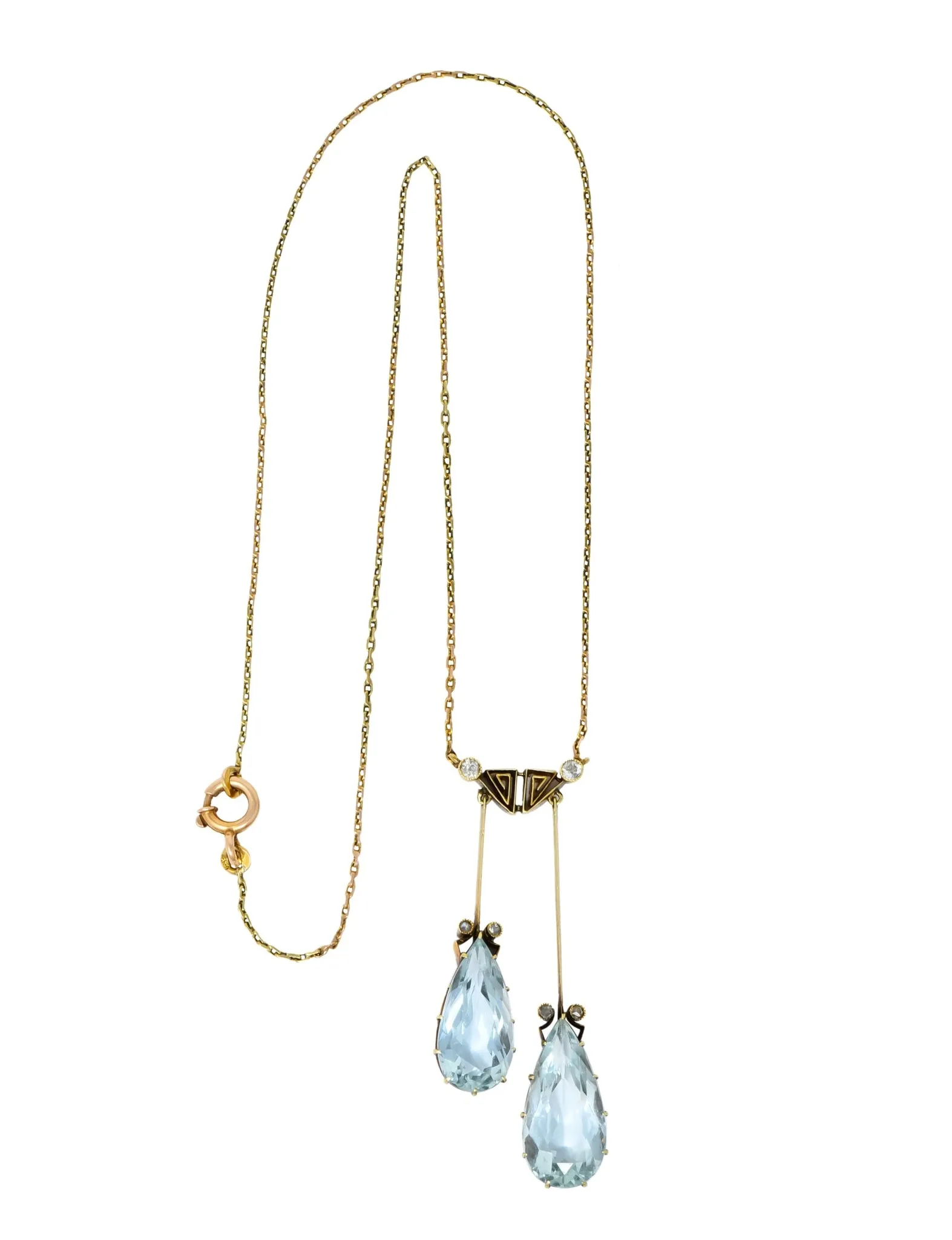 Victorian 12.22 CTW Aquamarine Diamond 14 Karat Gold Double Drop Necklace