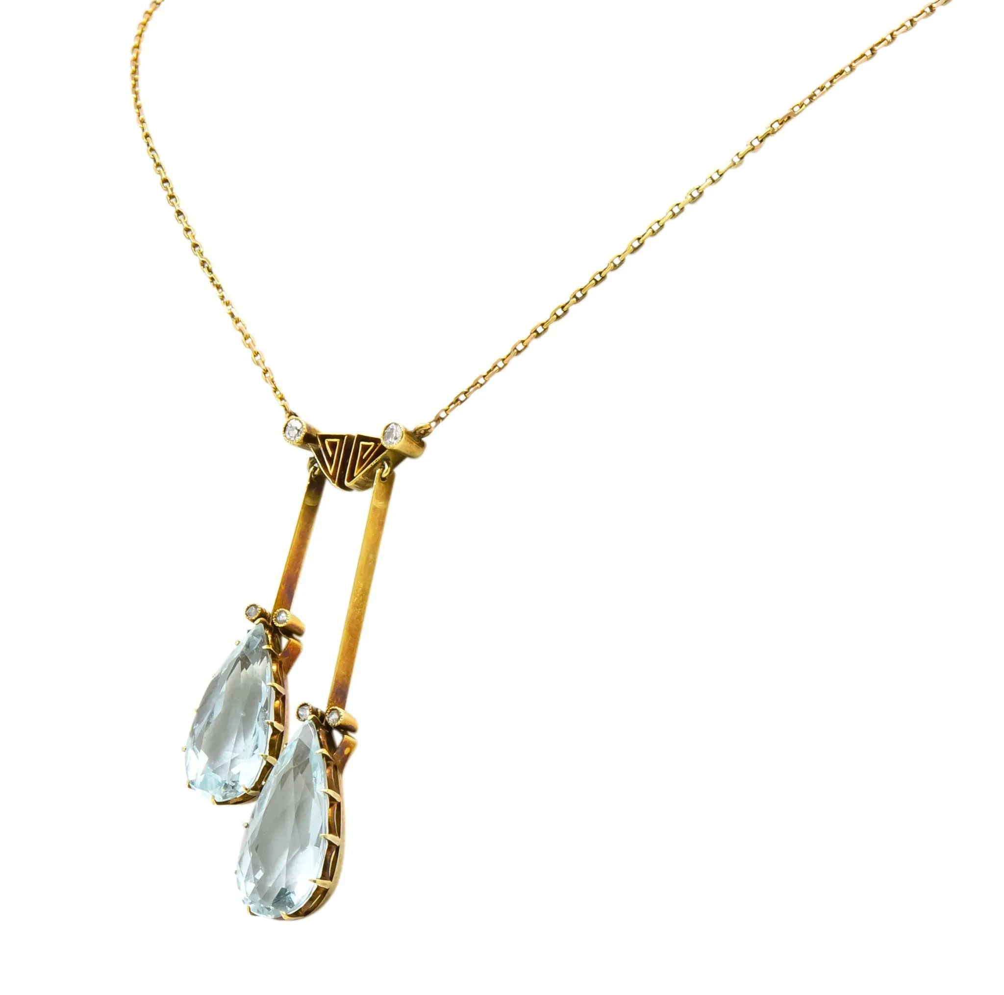 Victorian 12.22 CTW Aquamarine Diamond 14 Karat Gold Double Drop Necklace