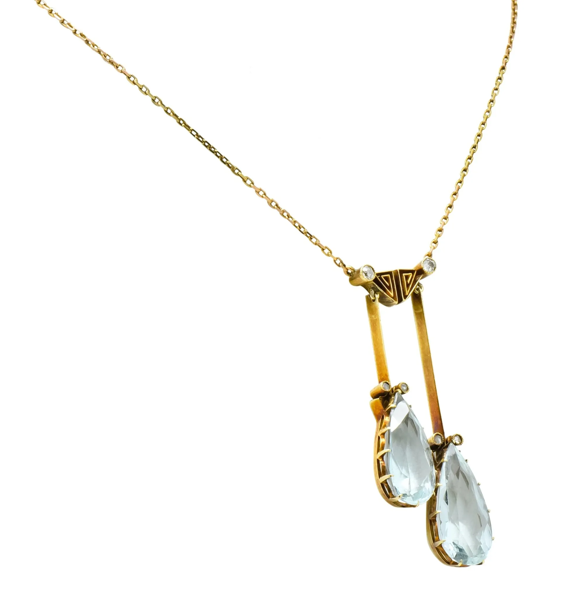Victorian 12.22 CTW Aquamarine Diamond 14 Karat Gold Double Drop Necklace